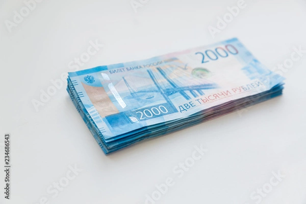 Obraz Background Of Paper Russian Money. New Russian Banknotes Of 2000 Two Thousands Rubles.