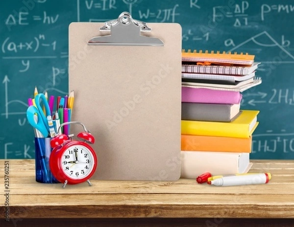 Fototapeta Open blue school backpack  and school desk with text and