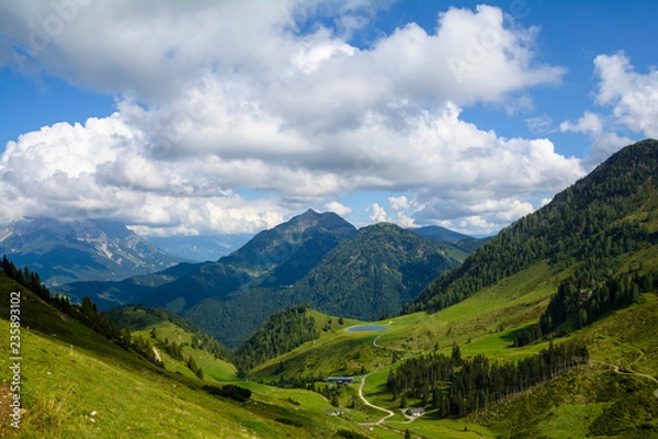 Fototapeta Beautiful panorama on the two hours trail to Wildseeloder house and Wildsee lake, historical and nature reserve place in Alps, Fieberbrunn, Austria