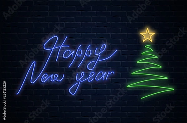 Fototapeta Happy New Year neon luminous poster with Christmas tree on brick background.