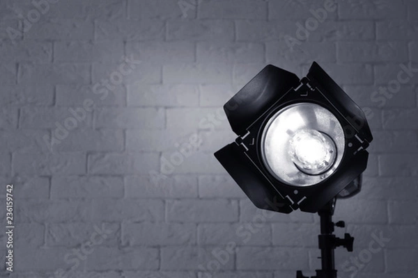 Fototapeta Professional photo studio lighting equipment near brick wall. Space for text