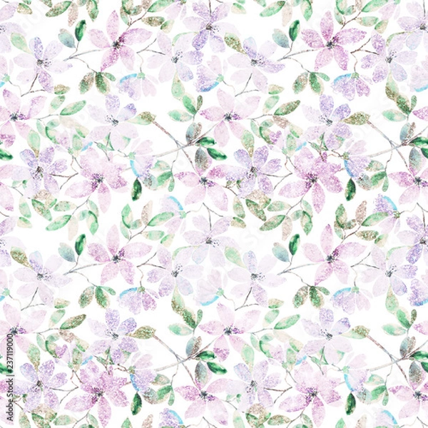 Fototapeta Seamless floral glitter pattern . Pink, lilac flowers on white background. 