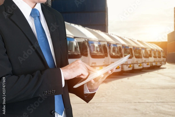 Fototapeta Global business connection technology interface global partner connection of Container Cargo freight ship for logistic import export background. Business logistics concept , internet of things