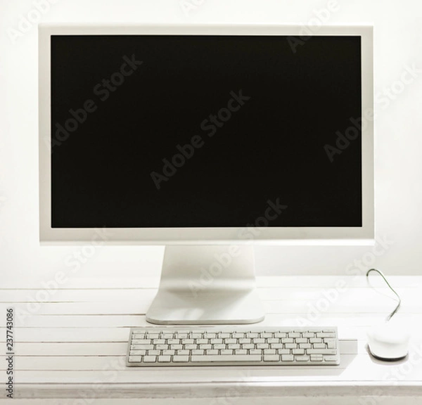 Fototapeta Stylish white workspace with computer on home or studio