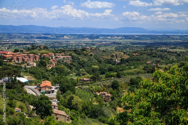 Fototapeta Panoramic aerial view near the medieval town of Montepulciano in a sunny summer day, Tuscany, Italy. Holidays in Italy.