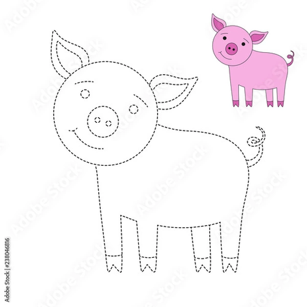 Obraz drawing worksheet for preschool kids with easy gaming level of difficulty. Simple educational game for kids. Illustration of funny pig for toddlers