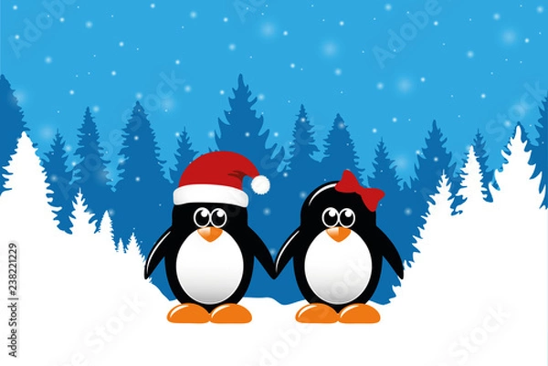 Fototapeta two cute christmas penguins on snowy winter forest background vector illustration EPS10