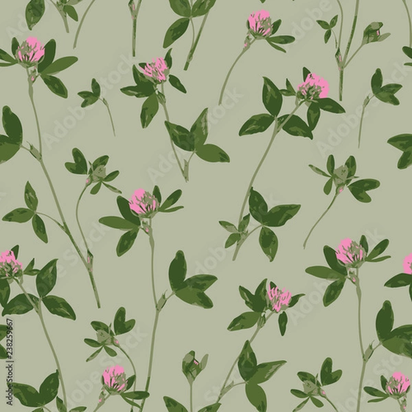 Fototapeta Pink clover. Design of abstract wildflowers. Flowering meadow. Seamless pattern of clovers. Floral light green background for textile, fabric, wallpapers, covers, print, decoupage, gift wrap