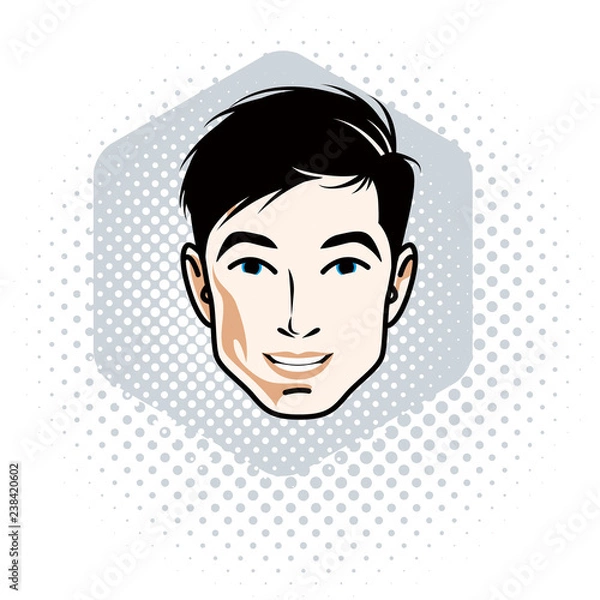 Obraz Vector illustration of handsome brunet male face, positive face features, clipart.