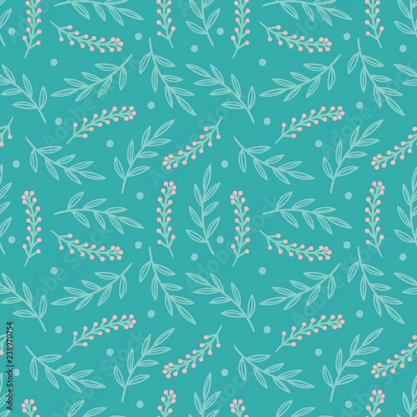 Fototapeta Seamless colorful floral Christmas pattern with branches, leaves, berries on teal background. Simple scandinavian style. Vector illustration for wrapping paper, print, scrapbooking etc