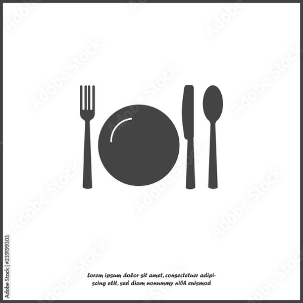 Fototapeta Knife, fork, spoon and plate. Cutlery. Table setting on white isolated background. Layers grouped for easy editing illustration. For your design.