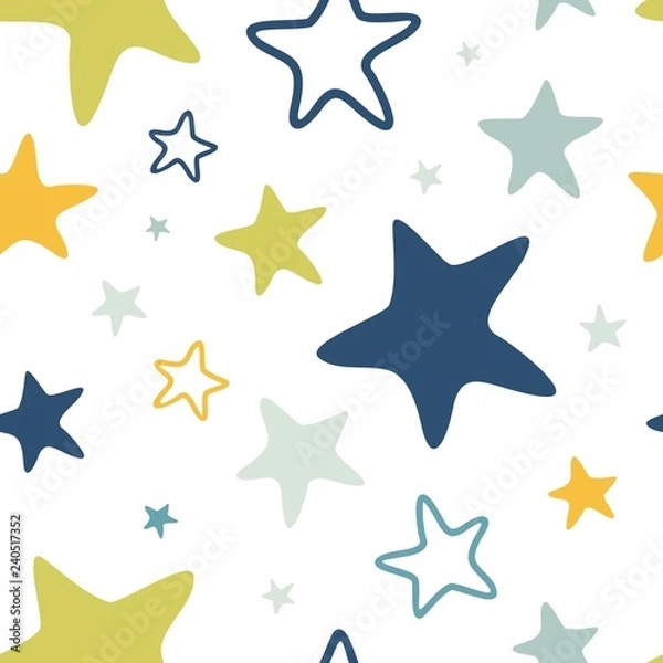 Fototapeta Seamless vector pattern with large colored stars of various sizes on white background. Childish background for postcards, wallpaper, papers, textiles, bed linen, tissue 2.1