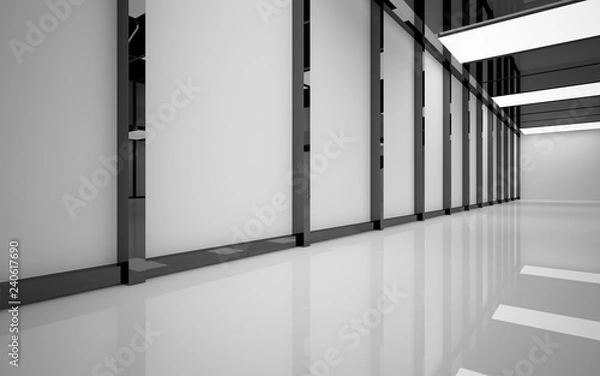 Fototapeta Abstract white and black interior multilevel public space with neon lighting. 3D illustration and rendering.