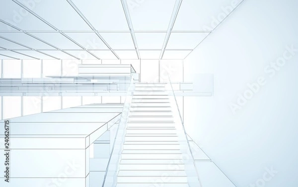 Fototapeta Abstract drawing white interior multilevel public space with window. 3D illustration and rendering.