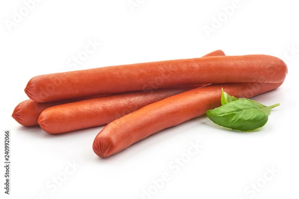 Fototapeta Smoked Beef Sausages with basil leaves, close-up, isolated on a white background