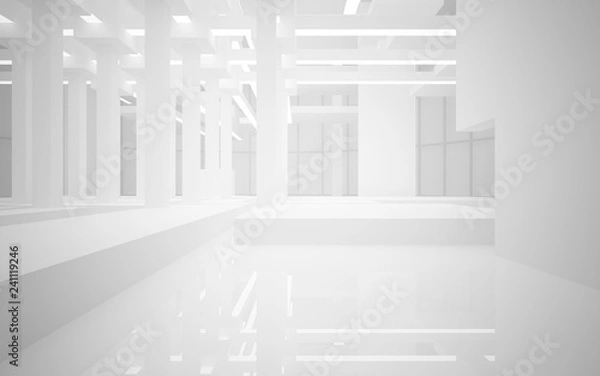 Fototapeta Abstract white interior of the future, with neon lighting. 3D illustration and rendering