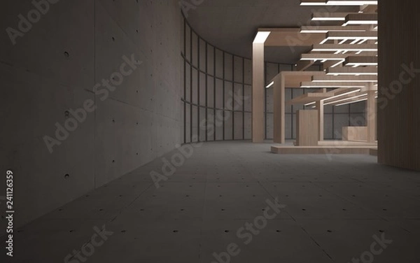 Fototapeta Abstract  concrete and wood interior multilevel public space with neon lighting. 3D illustration and rendering.