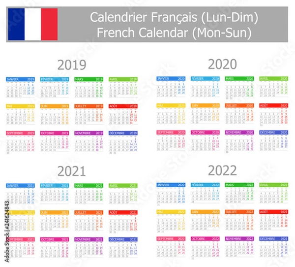 Fototapeta 2019-2022 francuski kalendarz typu 1 poniedziałek-niedziela na białym tle