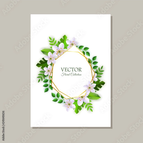 Fototapeta Floral vector illustration of romantic card with frame of tender light pink flowers and green leaves on white background with space for text. Natural design with blossoms and foliage.