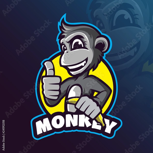 Fototapeta monkey mascot logo design vector with modern illustration concept style for badge, emblem and tshirt printing. smart monkey illustration with a banana in hand.