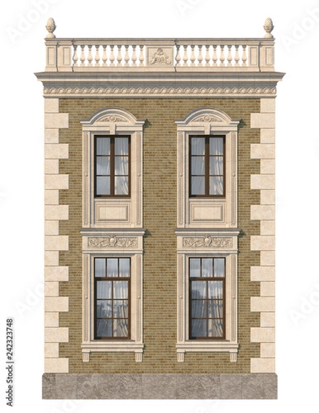 Fototapeta Brick facade of a classic-style house with windows. 3d rendering.