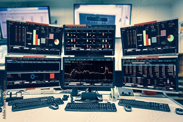 Fototapeta Display of Stock market quotes and chart in monitor computer room with business office equipments .business and money concept, panorama photo