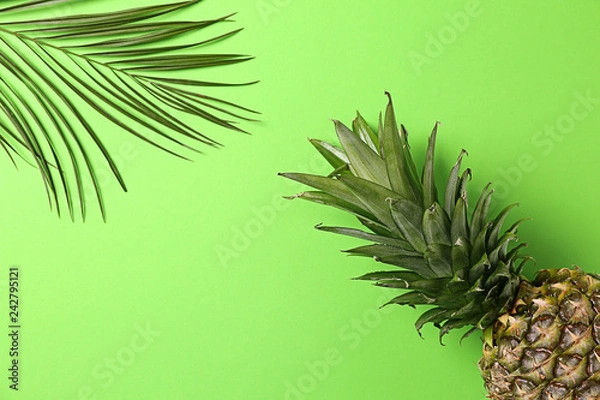 Fototapeta Juicy pineapple with palm leaf on color background