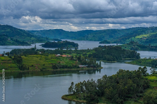 Fototapeta Panoramic view from Bunyonyi lake in Uganda