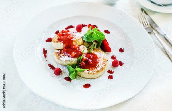 Fototapeta cottage cheese pancakes with jam