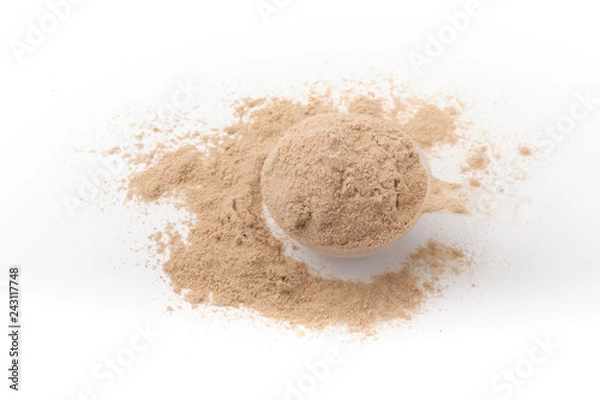 Obraz Brown chocolate protein powder and scoops on white background. - Image