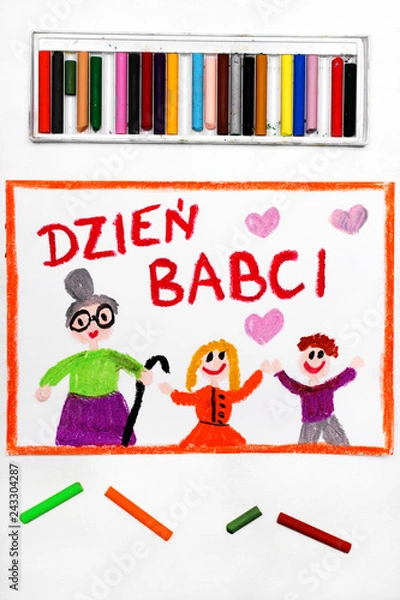 Fototapeta Colorful drawing: Polish Grandmother's  Day card with happy Grandmother and her Grandchildren