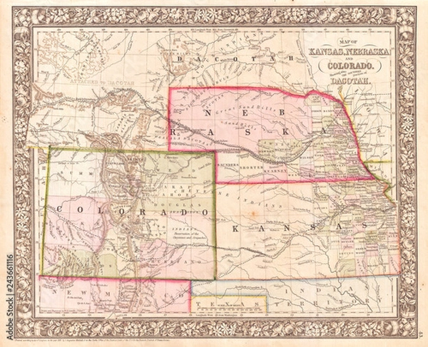 Obraz 1866, Mitchell Map of Colorado, Nebraska, and Kansas