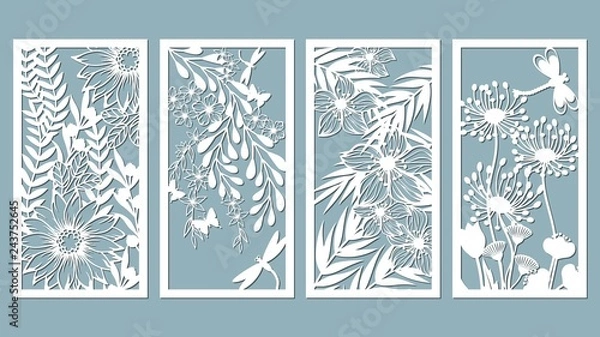 Obraz Set template for laser cutting and Plotter. Flowers, leaves for decoration. Vector illustration. Sticker set. Pattern for the laser cut, serigraphy, plotter and screen printing.