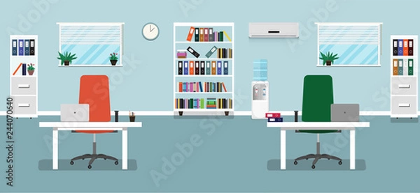 Fototapeta Flat office concept illustration. Workplace office interior with two Chairs, desks, vases, laptops, bookcases, windows, conditioner, cooler, clock. Vector illustration. 