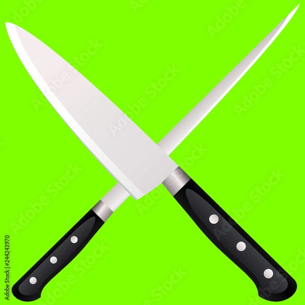 Fototapeta Two kitchen knives cross on a colored background.