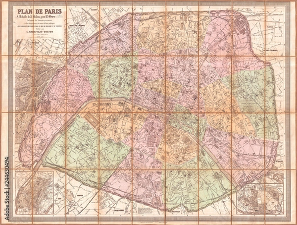 Obraz 1878, Andriveau-Goujon Pocket Map of Paris, France