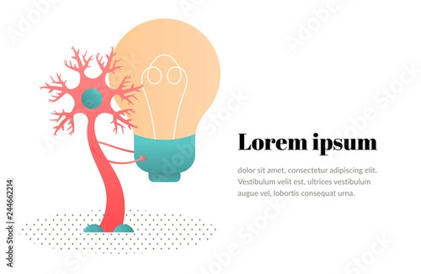 Fototapeta The neuron transmits information to the brain and holds a light bulb. Vector illustration on white background.