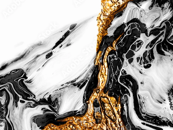 Fototapeta Creative abstract hand painted background, wallpaper, texture, close-up fragment of acrylic painting on canvas with brush strokes. Modern art. Black and white with gold background. Contemporary art.