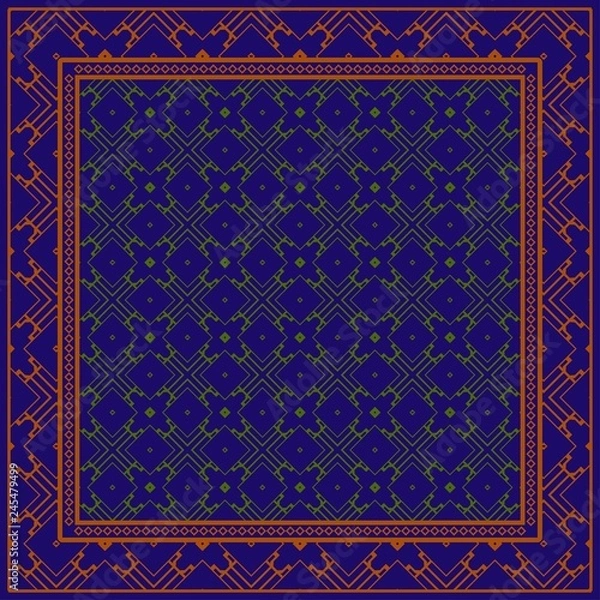 Fototapeta Decorative Pattern With Geometric Decoration. Symmetric Pattern . For Print Bandanna, Tablecloth, Fabric Fashion. blue, brown color