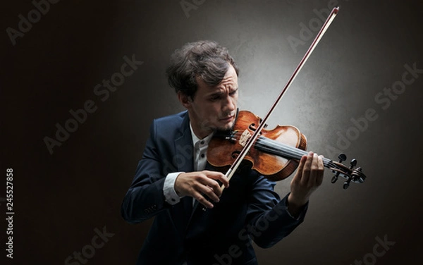 Fototapeta Lonely violinist composing on cello with nothing around
