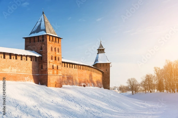 Fototapeta Novgorod Kremlin in cold snowy day in Veliky Novgorod