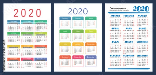 Fototapeta Calendar 2020. Colorful set. Week starts on Sunday. Basic grid. English vector calender collection for print. New year. Color simple design