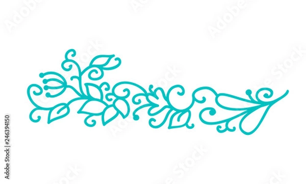 Fototapeta Turquoise monoline scandinavian folk flourish vector with leaves and flowers. Corners and dividers for Valentines Day, wedding, birthday greeting card