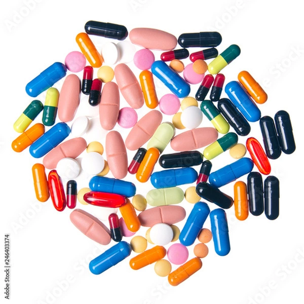 Fototapeta Colorful pills medical on white background top view, pharmacy concep