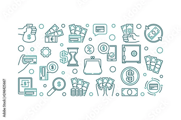 Fototapeta Money vector concept horizontal illustration made with cash, credit card, banknote outline icons in circle shape