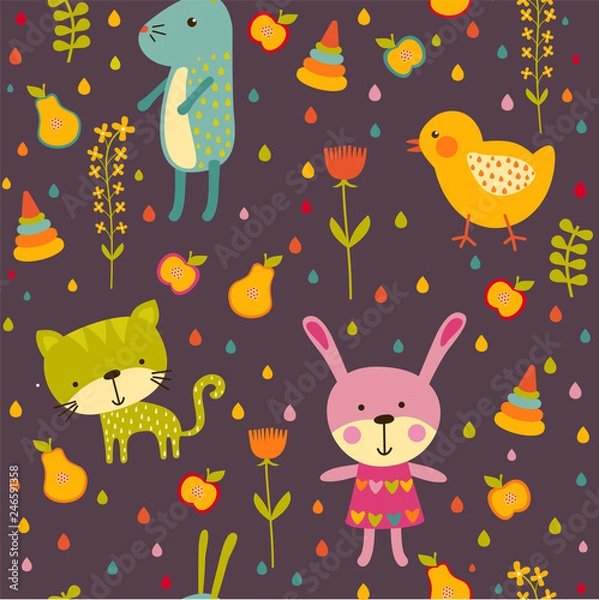 Fototapeta Seamless baby pattern with cute animals and toys . Vector bright illustration for kids. Seamless childrens background for wallpapers or textile.