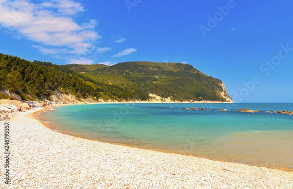 Fototapeta seascape, paradise beach with people and natural summer landscape view from Sirolo Marche, Italy