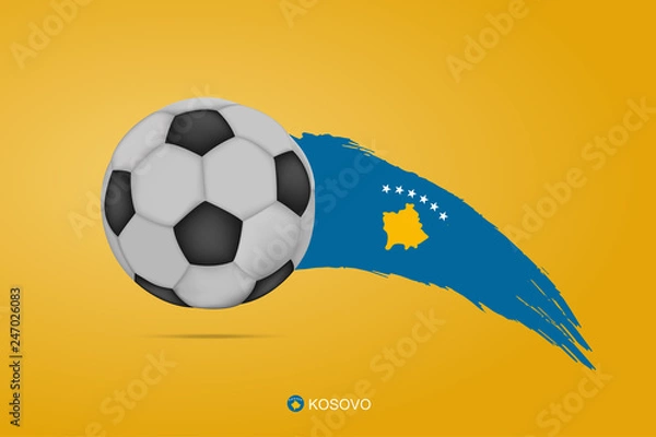 Fototapeta Kosovo football championship banner with 3d soccer ball and hand drawn calligraphy ink brush stripes Kosovo national flag colors on yellow background. Vector design element illustration