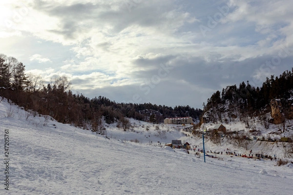 Fototapeta Winter landscape in places of family rest in the mountain.