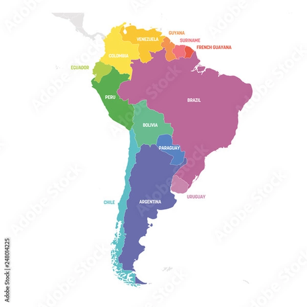 Obraz South America Region. Colorful map of countries in southern America. Vector illustration